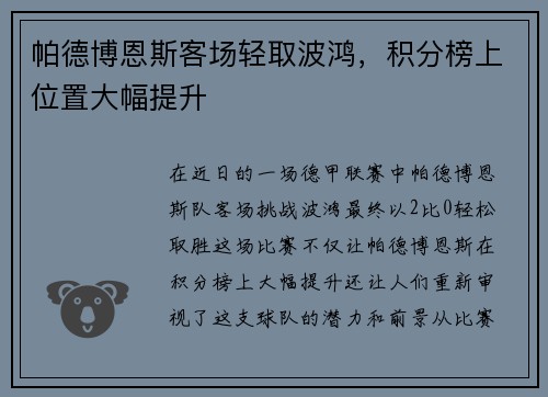 帕德博恩斯客场轻取波鸿，积分榜上位置大幅提升